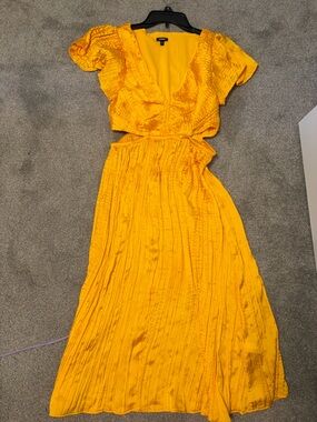Satin V-Neck Flutter Sleeve Pleated Cutout Midi Dress express
